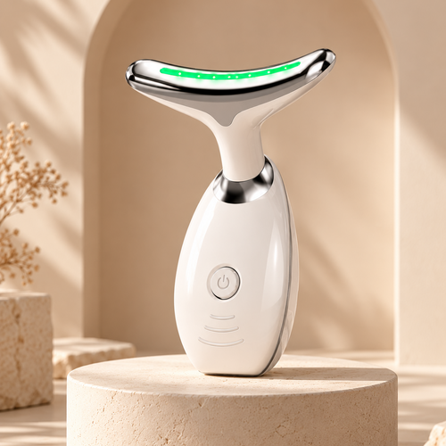 Masajeador facial Lume Skin sobre pedestal de piedra con luz LED verde