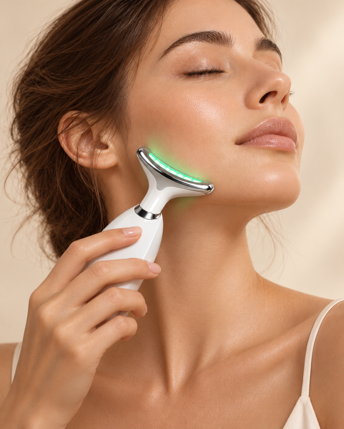 Mujer usando Lume Skin en la mandíbula y la mejilla