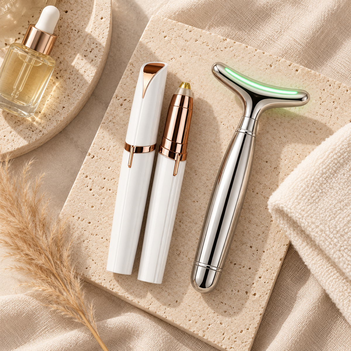 Depiladora facial y masajeador LED Lume Skin juntos con sérum y toalla